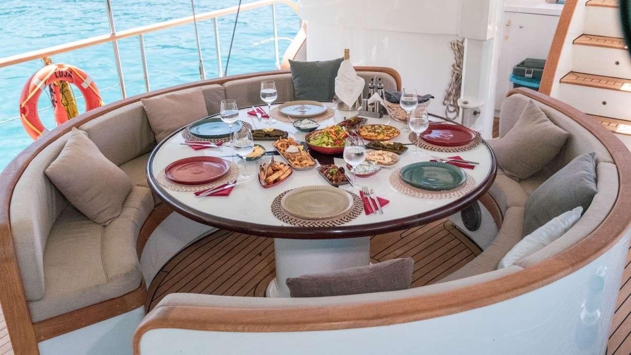 a table with plates and food on it aboard LUJA Yacht for Charter