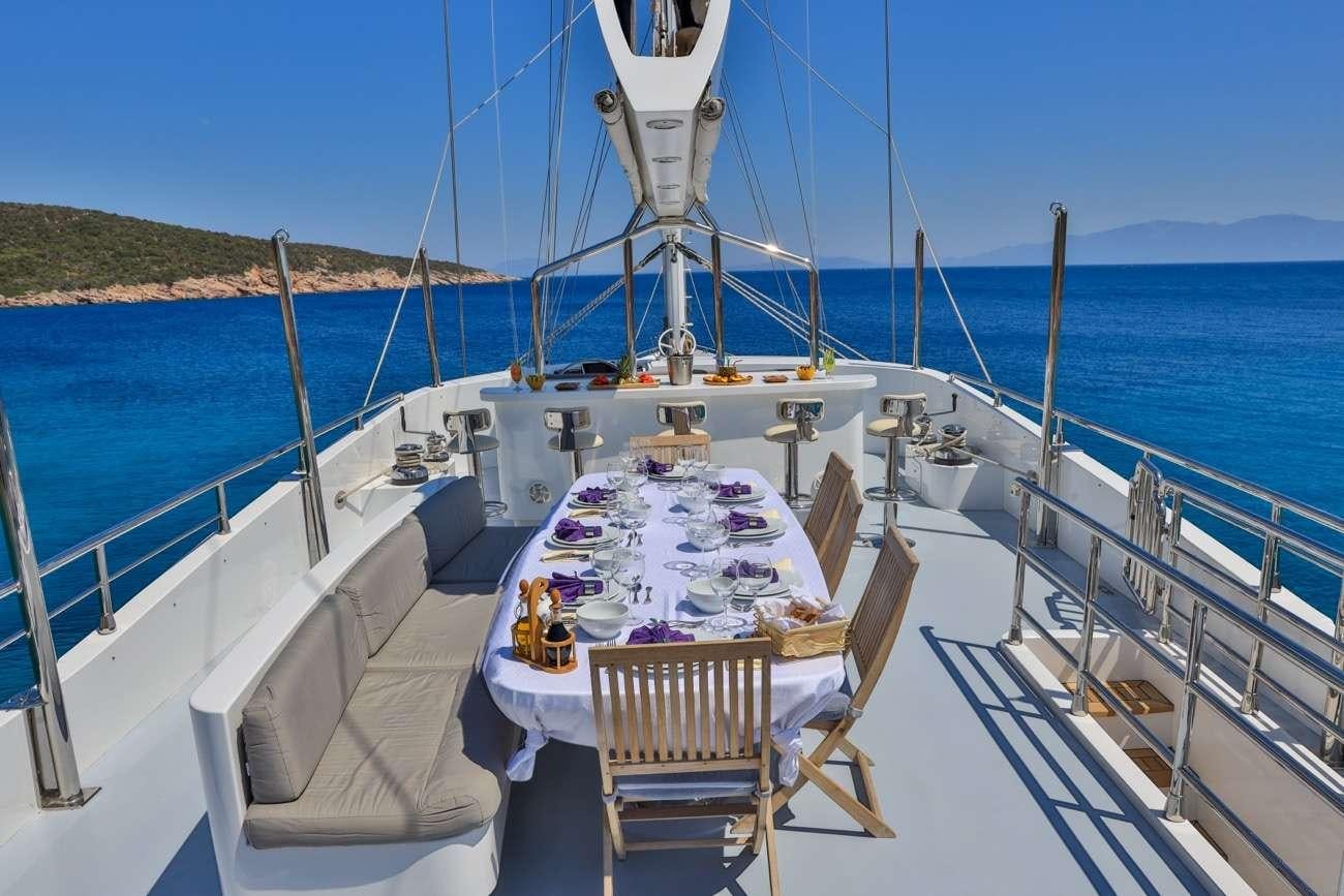 a table set on a boat aboard CANARIA Yacht for Charter