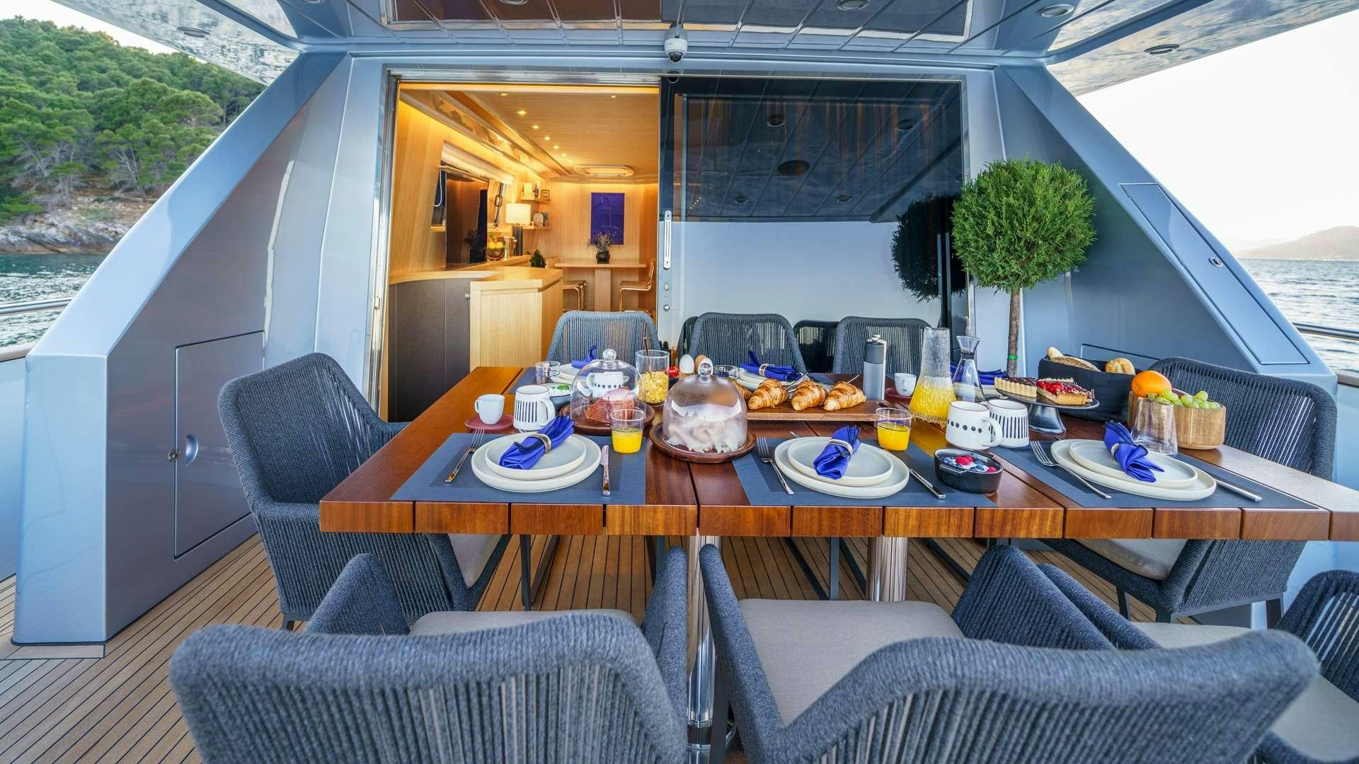 a table with food on it aboard PHANTOM Yacht for Charter