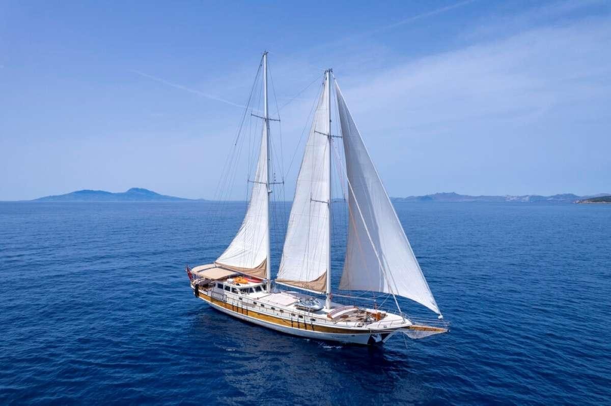 a sailboat in the water aboard TORINI Yacht for Charter
