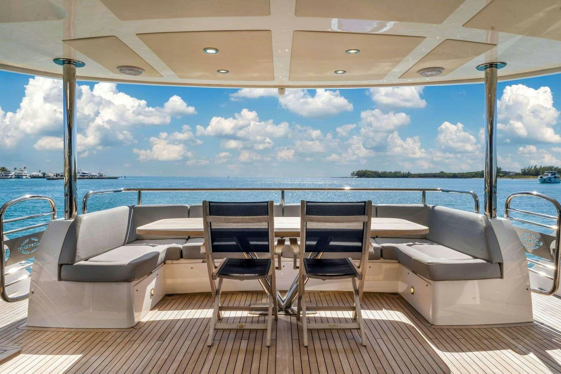 a deck with chairs and a table on it aboard RMM JOB Yacht for Charter