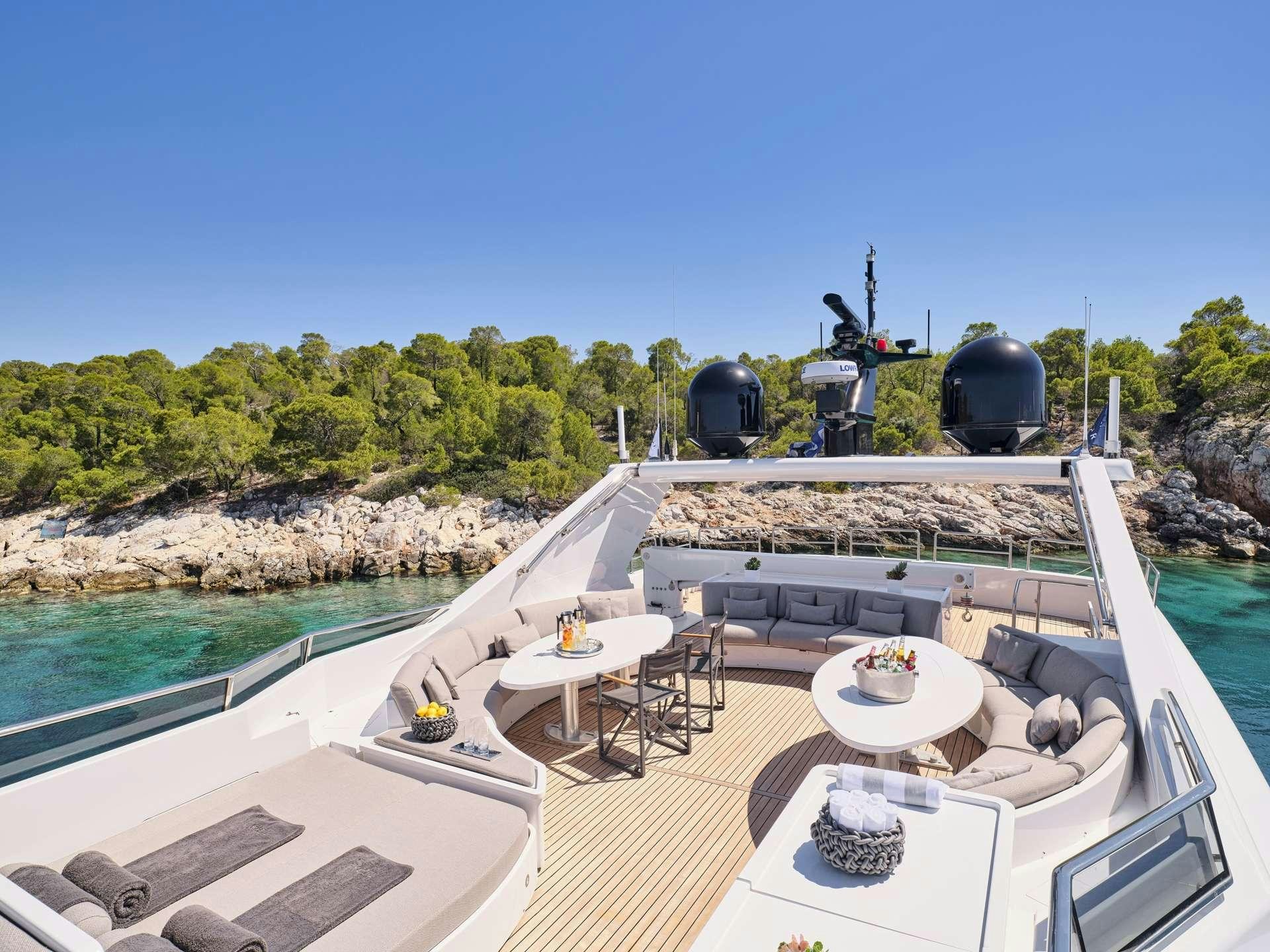 a rooftop patio with a table and chairs on it aboard TIGRA Yacht for Charter