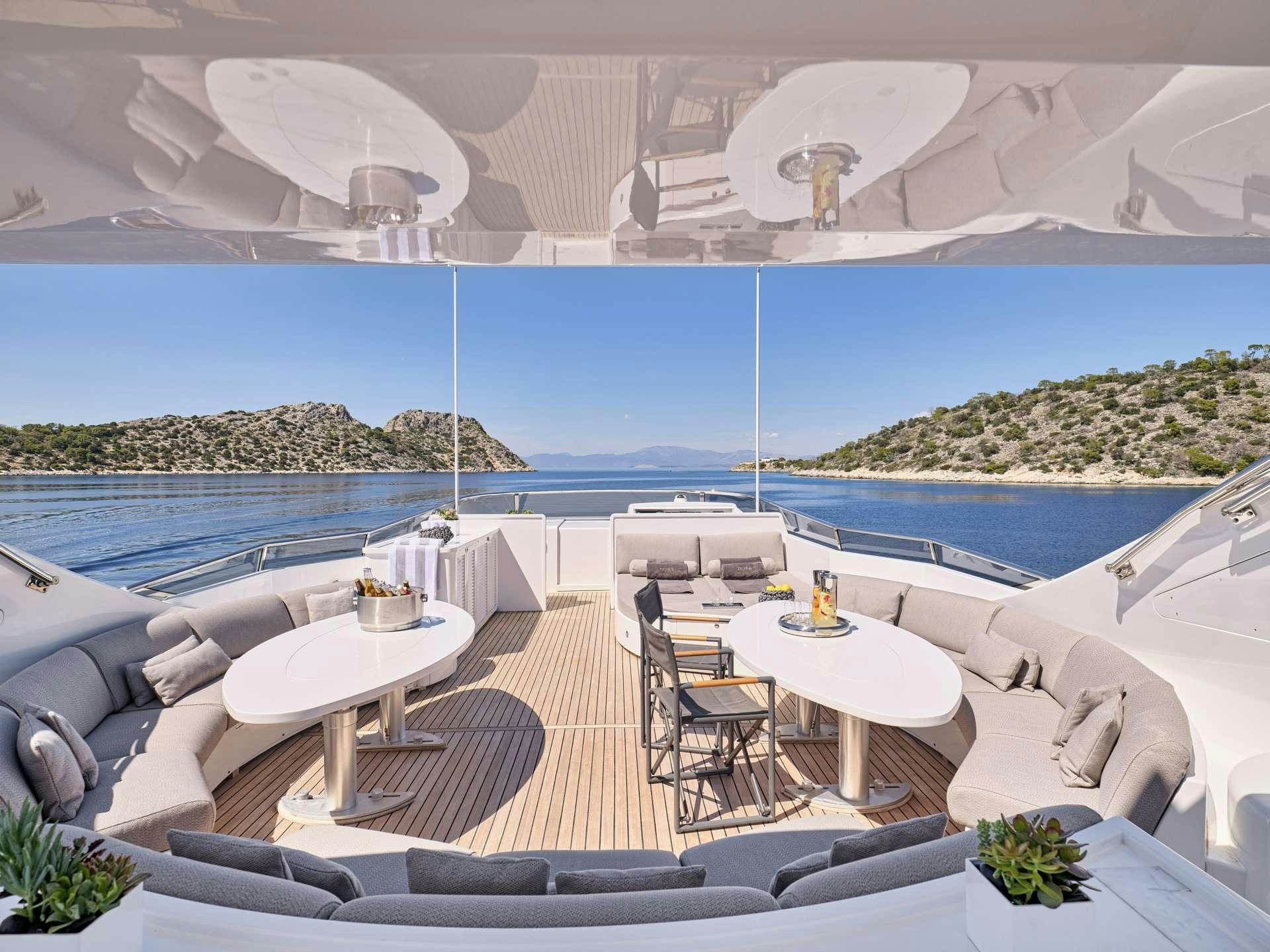 a patio with tables and chairs aboard TIGRA Yacht for Charter