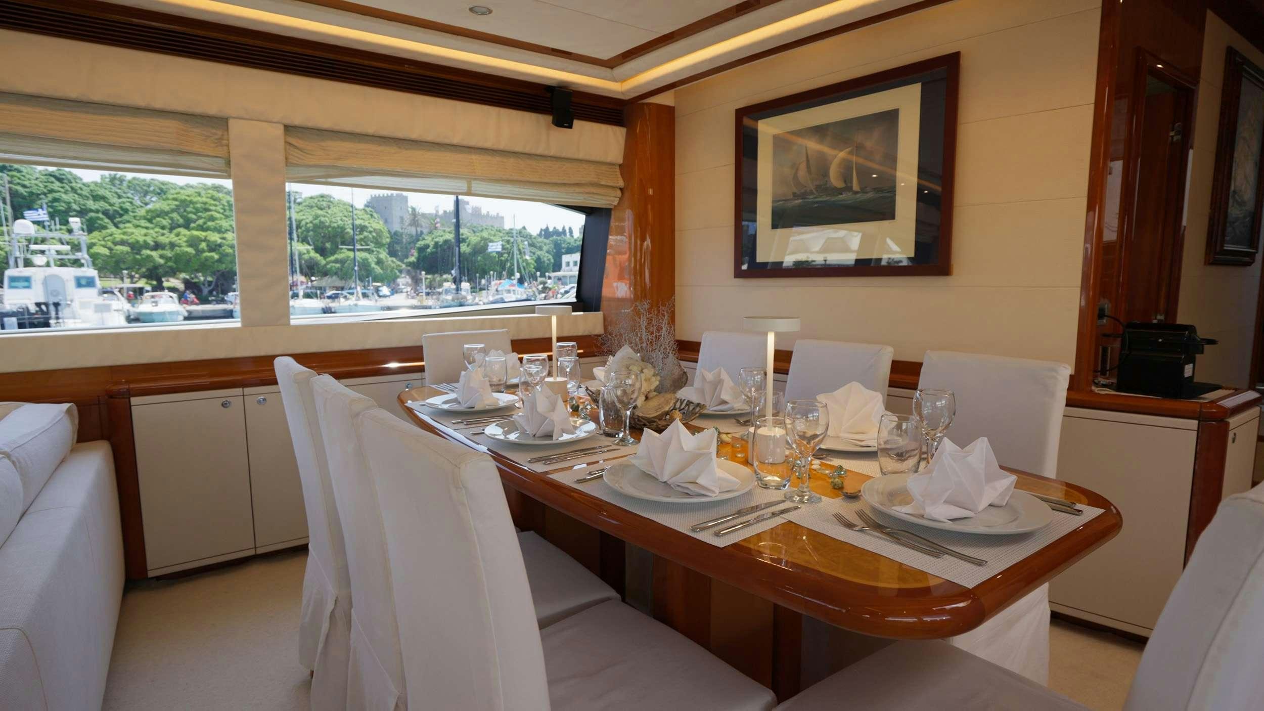 a table with plates and glasses aboard NATASSA ( EX LADY NATASA) Yacht for Charter