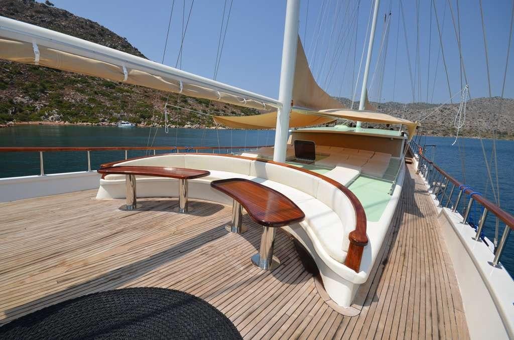 a deck with a table and chairs on it aboard C. TANER 2 Yacht for Charter