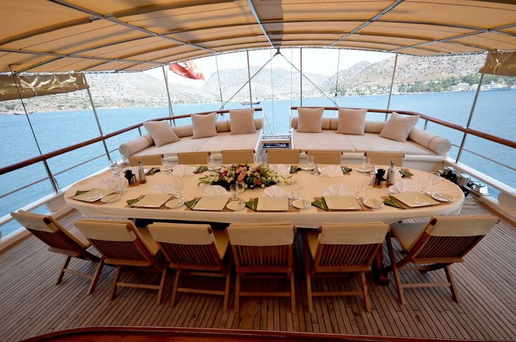 a table set for a dinner party aboard C. TANER 2 Yacht for Charter