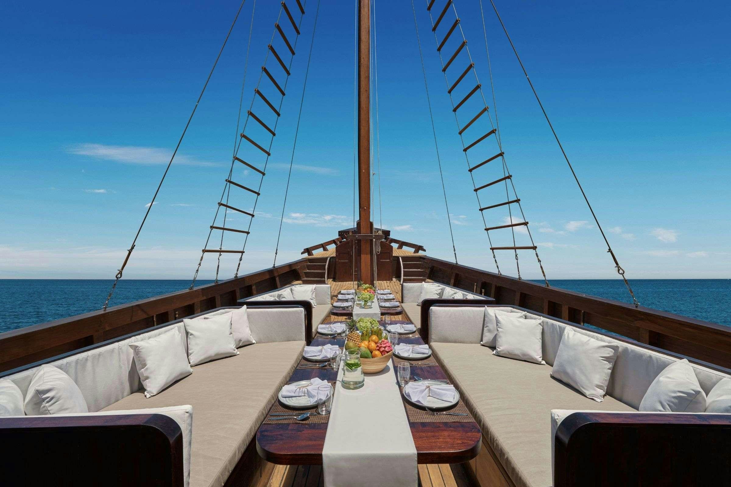 a room with a table and chairs on it aboard SAMSARA SAMUDRA Yacht for Charter
