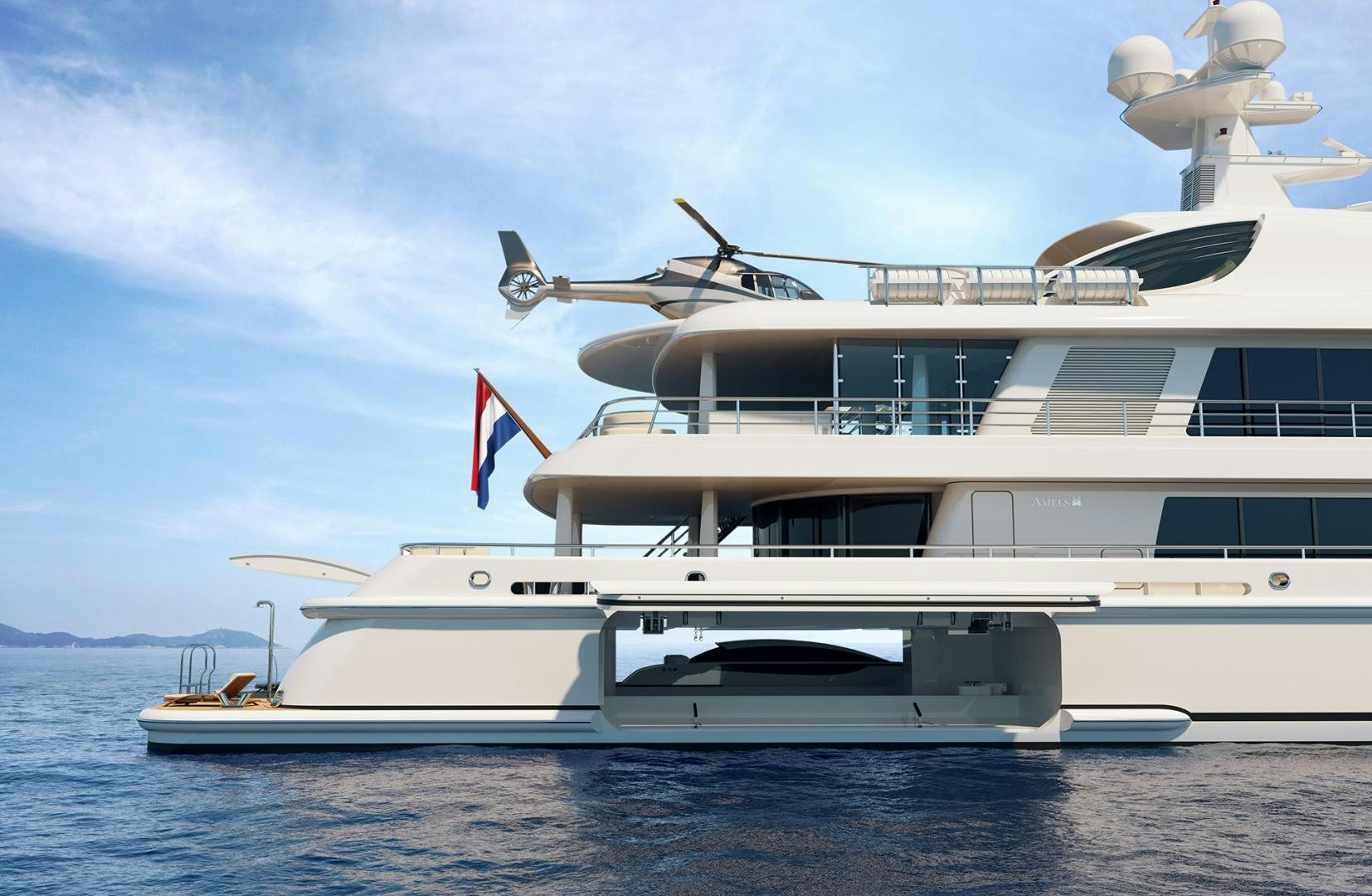 a boat with a helicopter on top aboard AMELS 220 Yacht for Sale