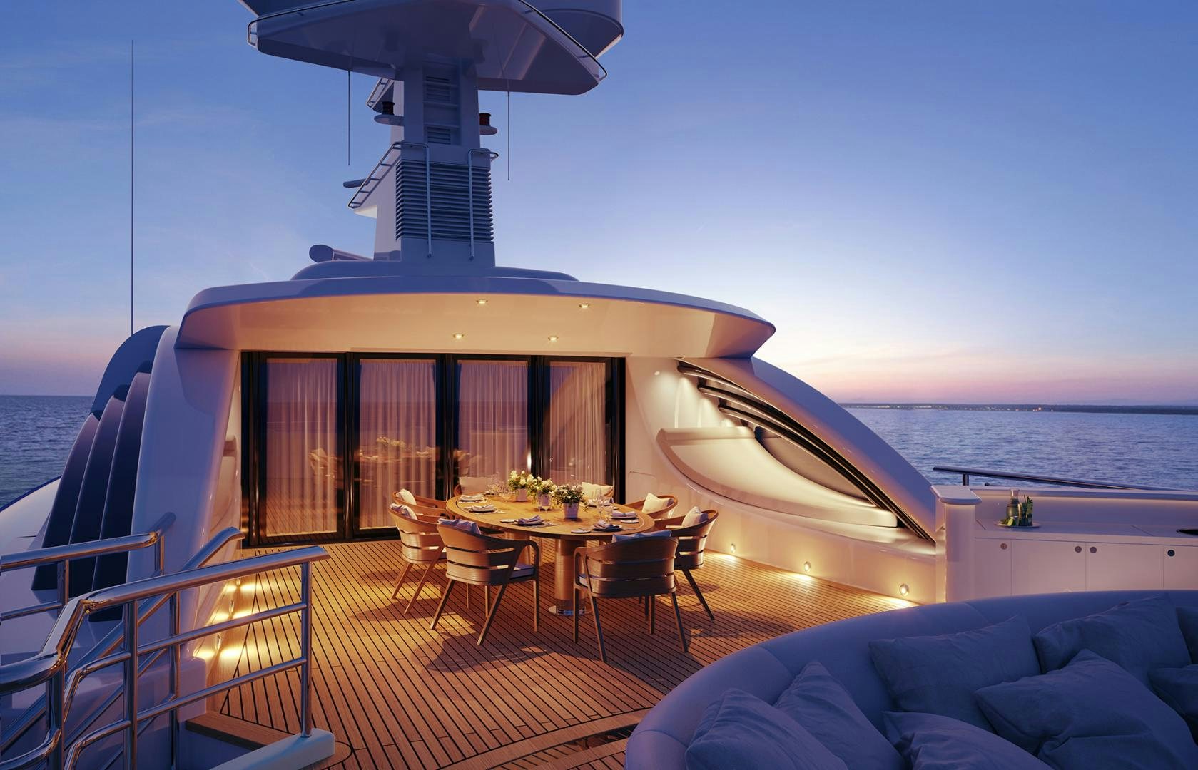 a deck with a table and chairs on it aboard AMELS 220 Yacht for Sale