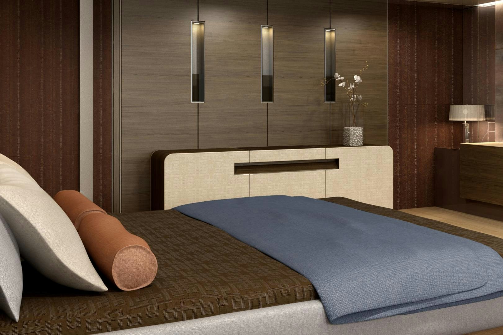 a bed with a blue sheet aboard RMK 58M Yacht for Sale