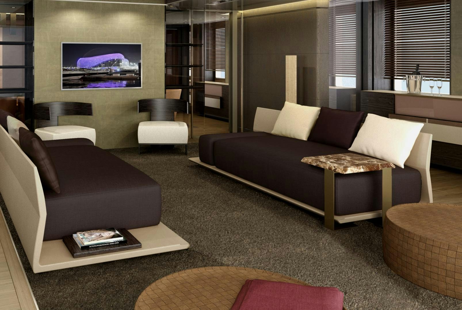 a living room with a large couch aboard RMK 58M Yacht for Sale