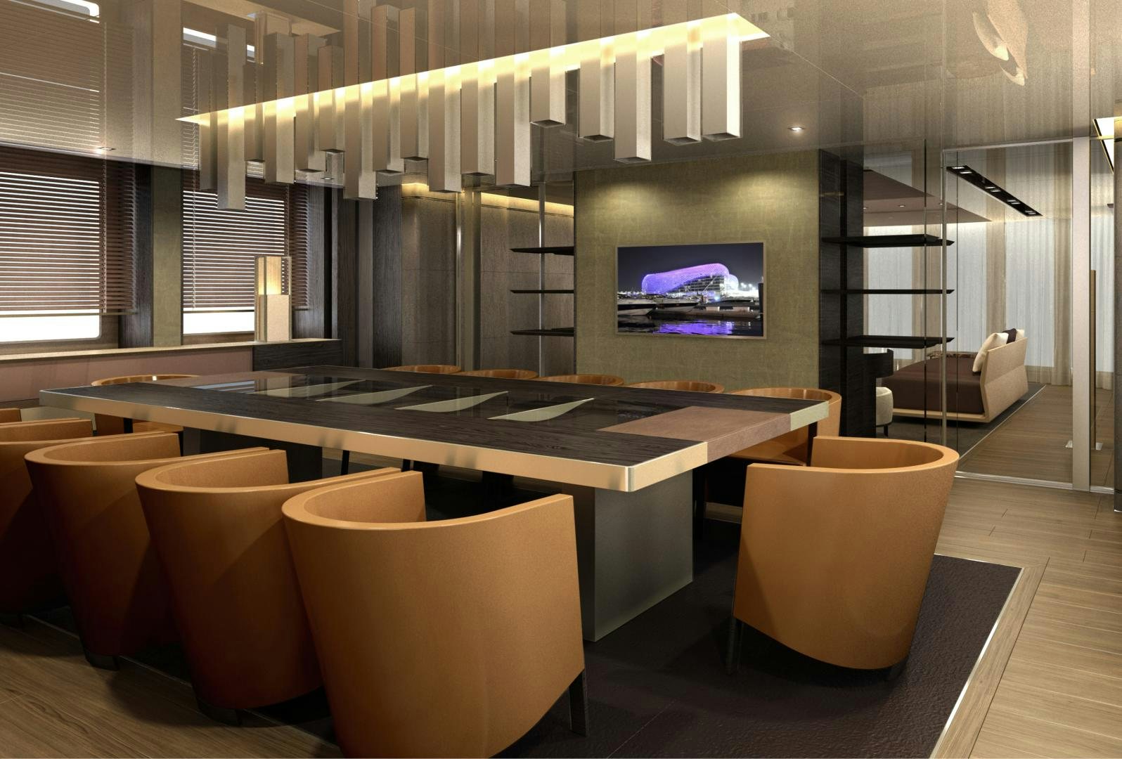 a room with a table and chairs aboard RMK 58M Yacht for Sale