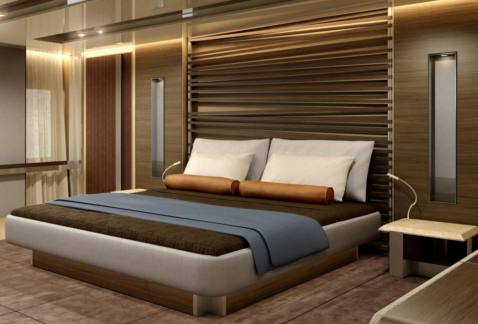 a bed with a blue bed aboard RMK 58M Yacht for Sale