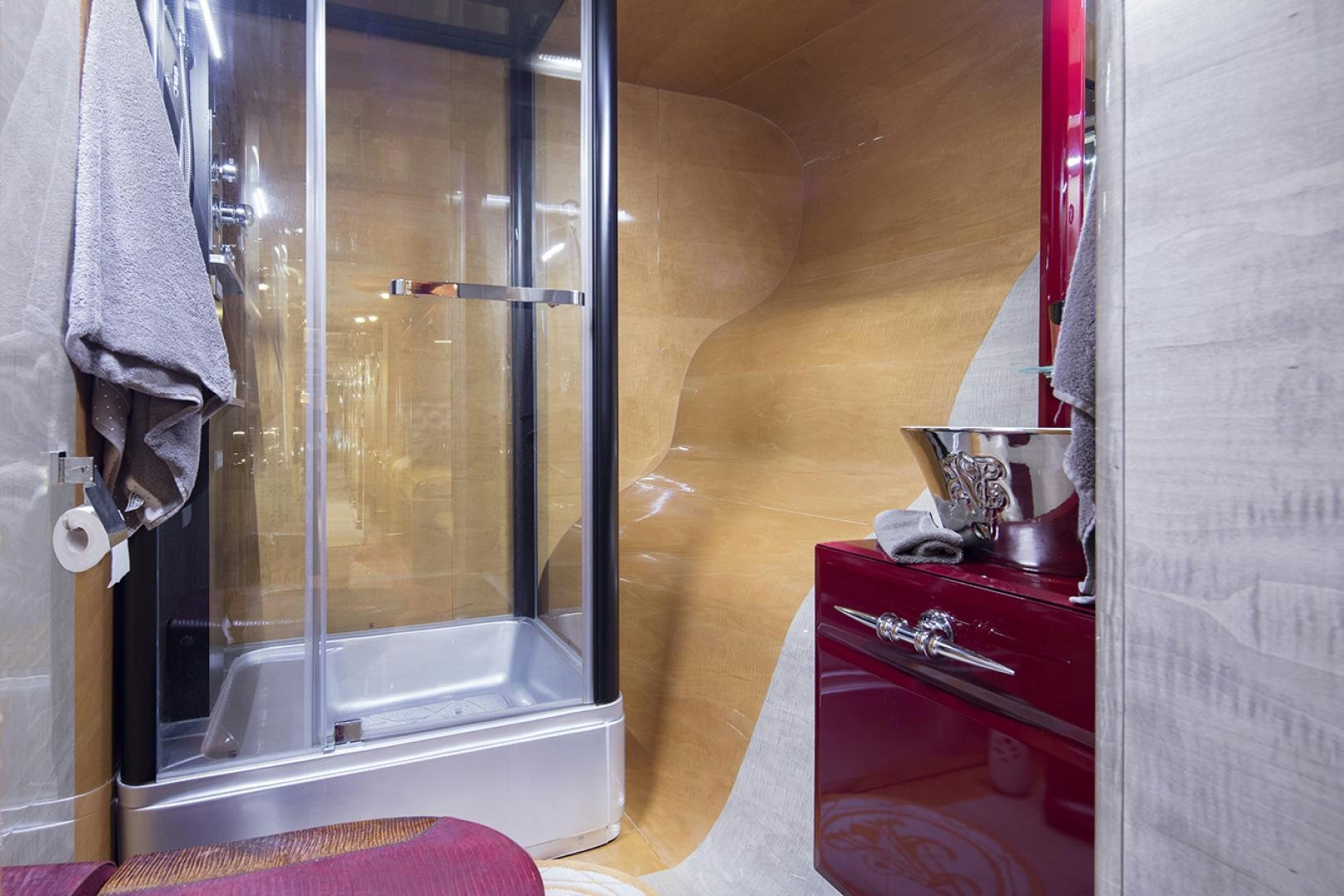 a shower unit in a bathroom aboard THUNDER Yacht for Sale