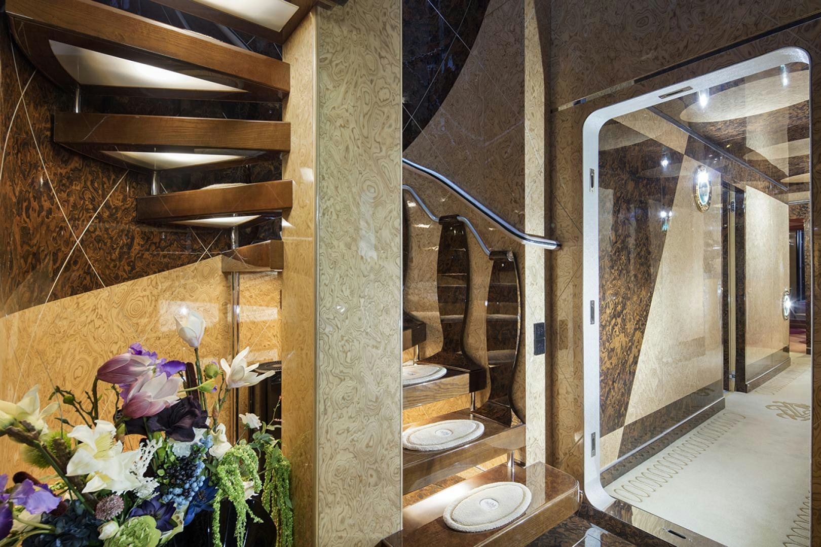 a bathroom with a glass shower aboard THUNDER Yacht for Sale