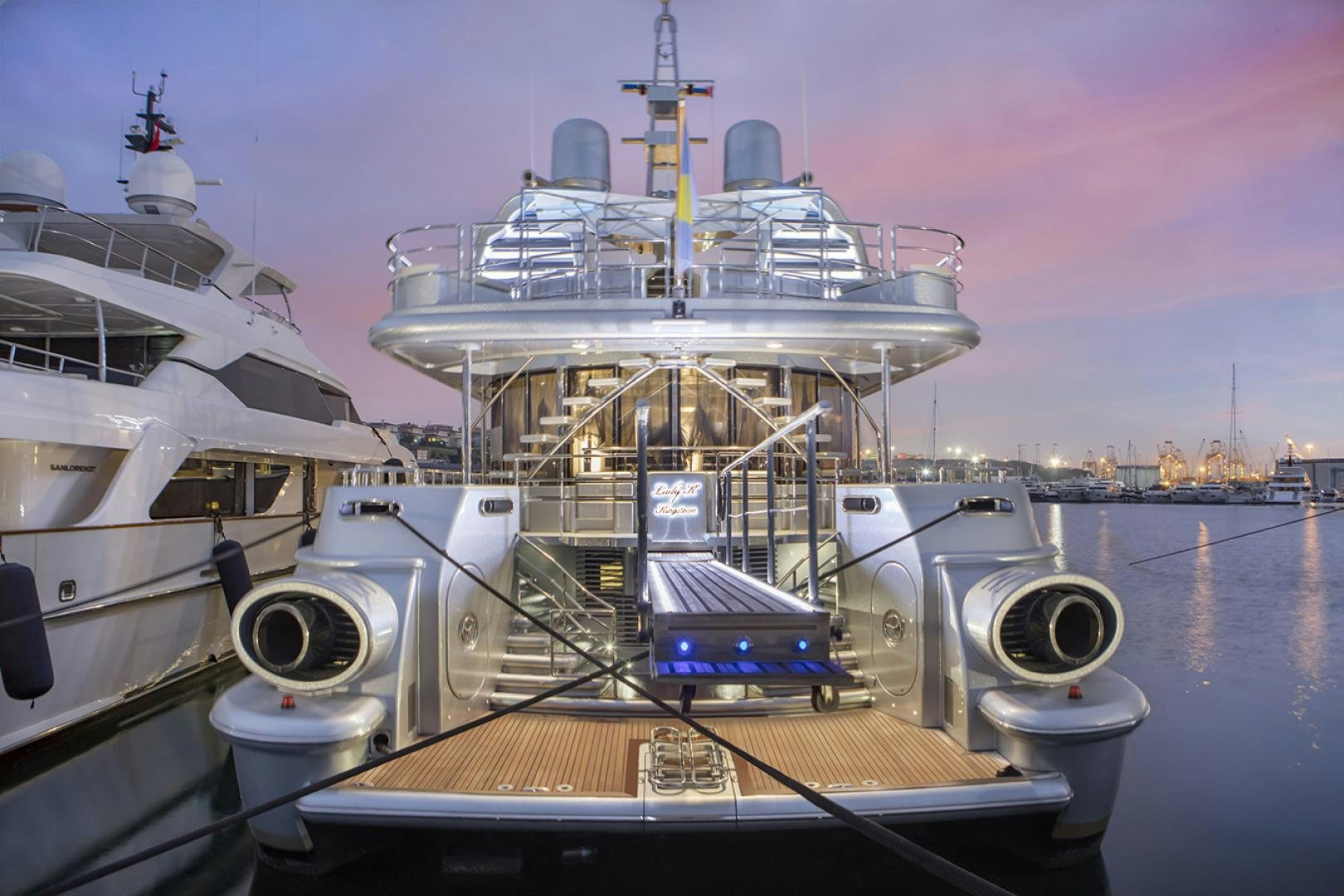 a large ship docked aboard THUNDER Yacht for Sale