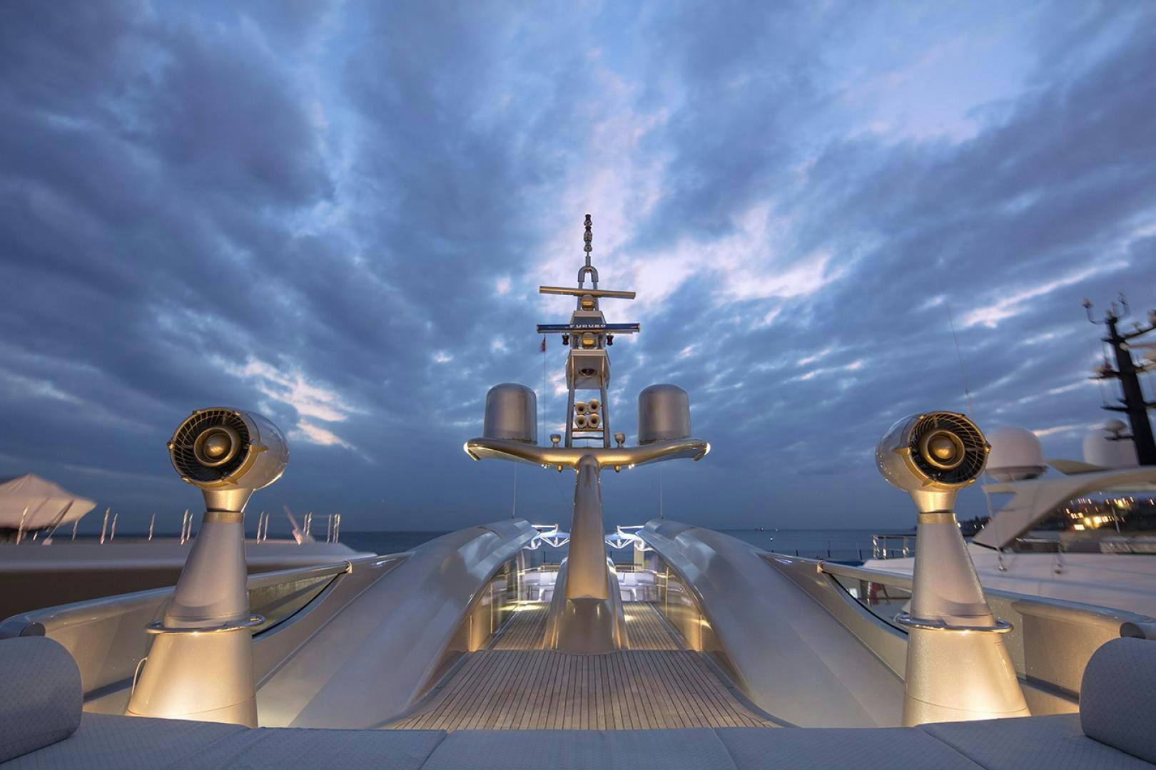 a large metal statue with a cross on top aboard THUNDER Yacht for Sale