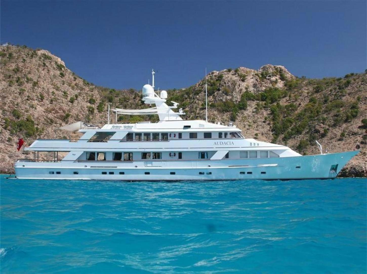 a large white boat in the water aboard AUDACIA Yacht for Sale