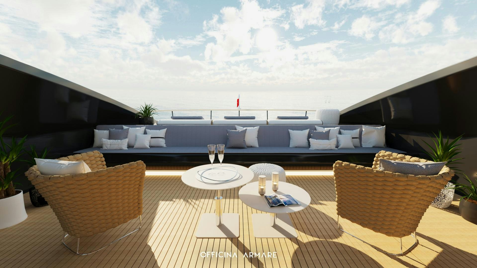 a table with chairs and a large window overlooking a beach aboard BADGAL Yacht for Sale