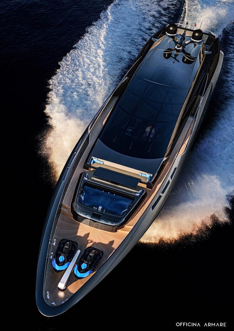 a space ship with a satellite aboard BADGAL Yacht for Sale