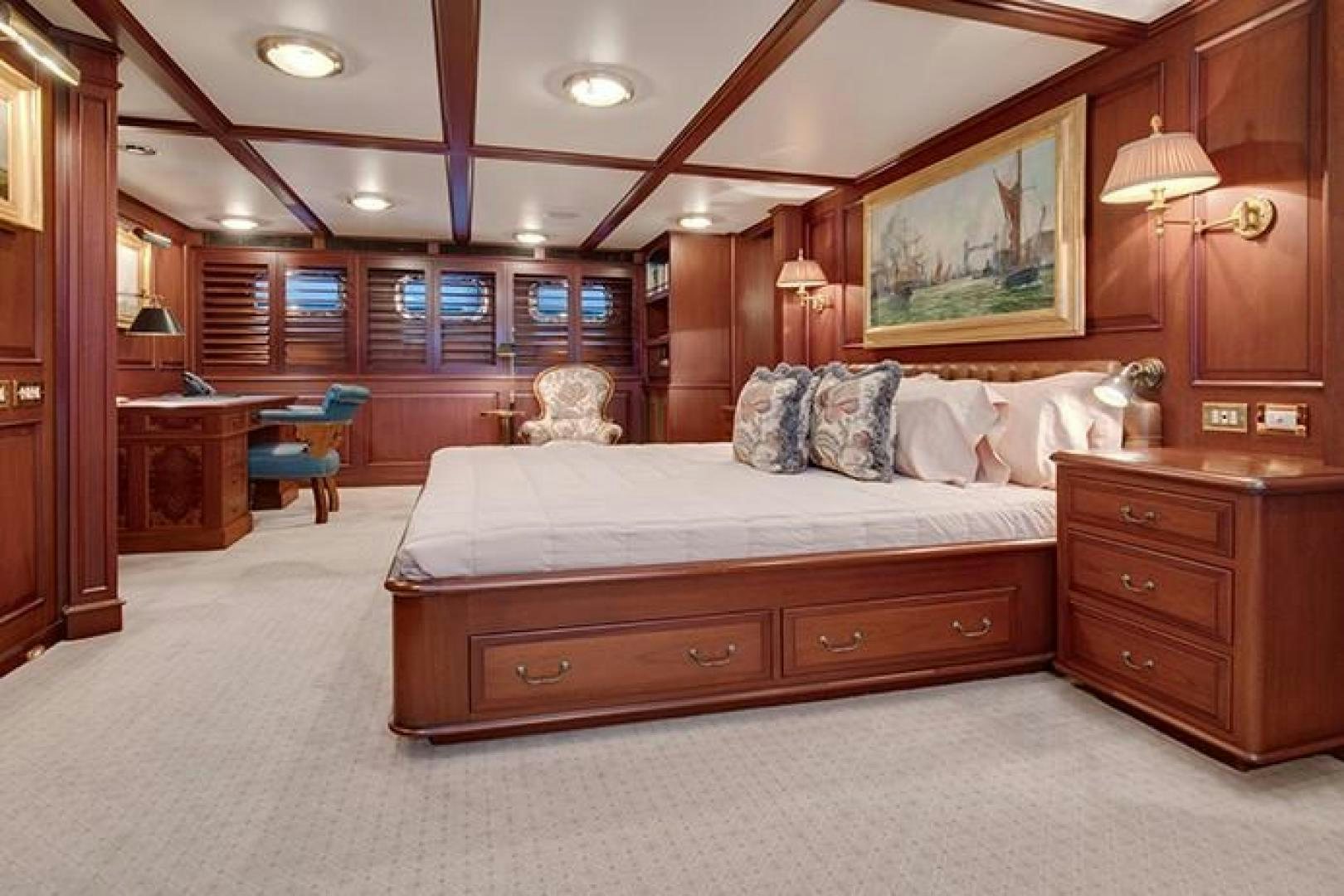 a large bedroom with a large bed aboard MARLINDA Yacht for Sale