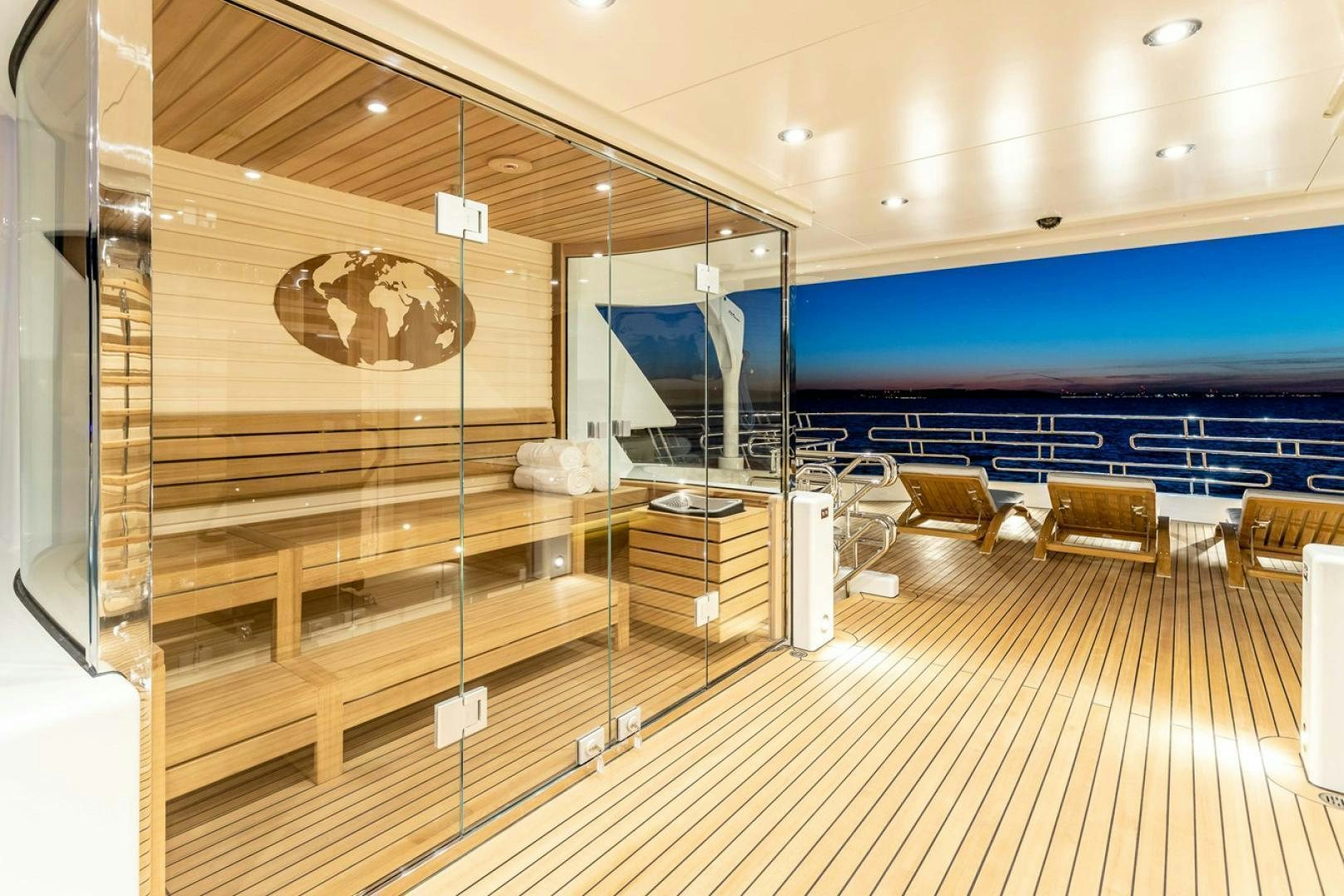 a room with a large glass wall aboard VIATORIS Yacht for Sale