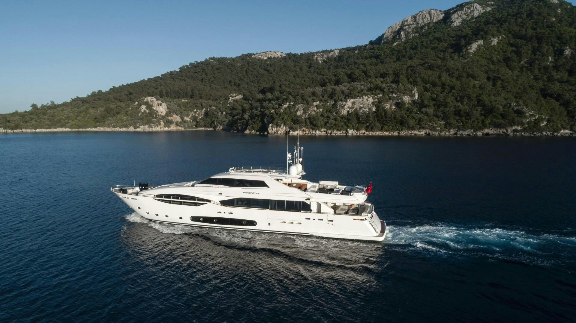 a white yacht in the water aboard ARGENTO Yacht for Sale