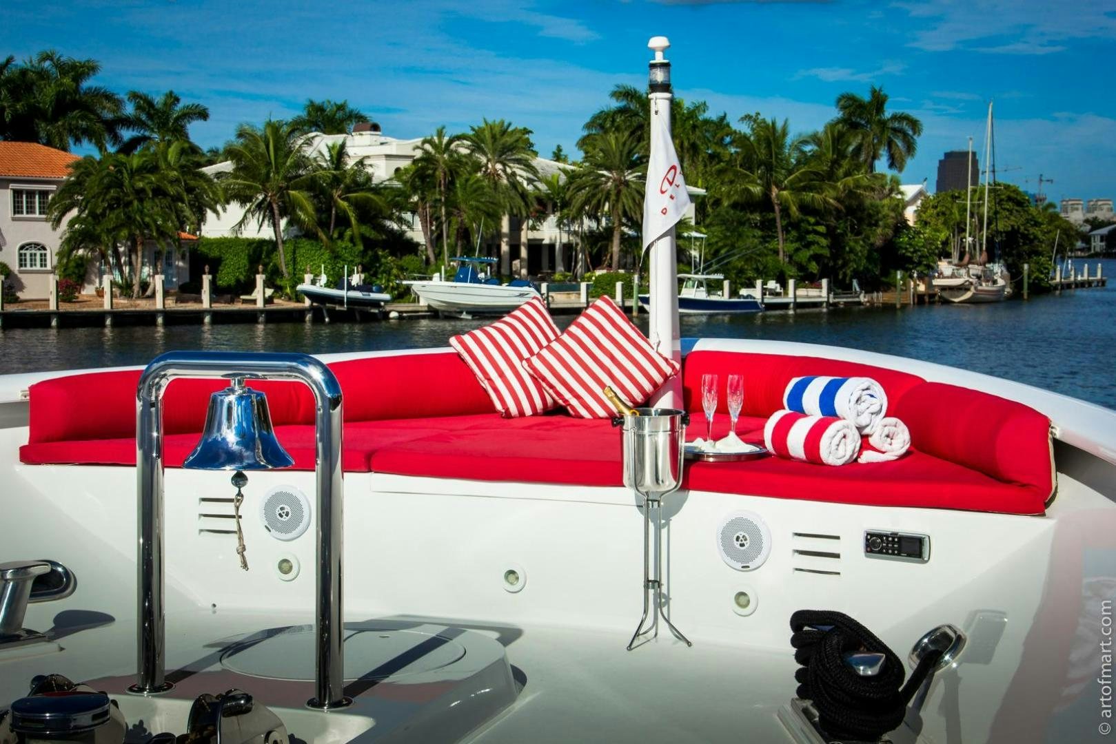 a boat with a flag on the front aboard MURPHY'S LAW Yacht for Sale