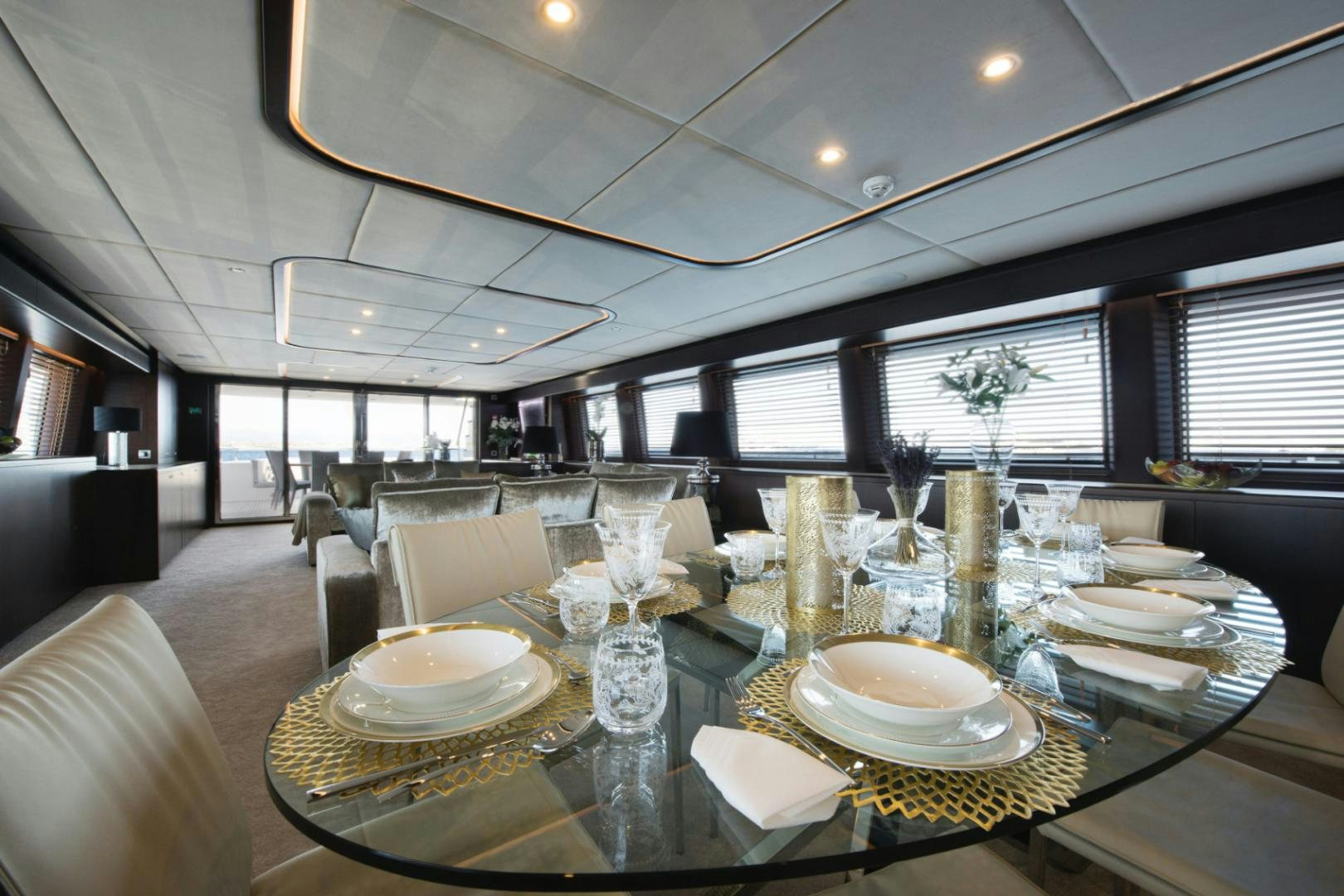 a large dining room table aboard CRYSTAL Yacht for Sale
