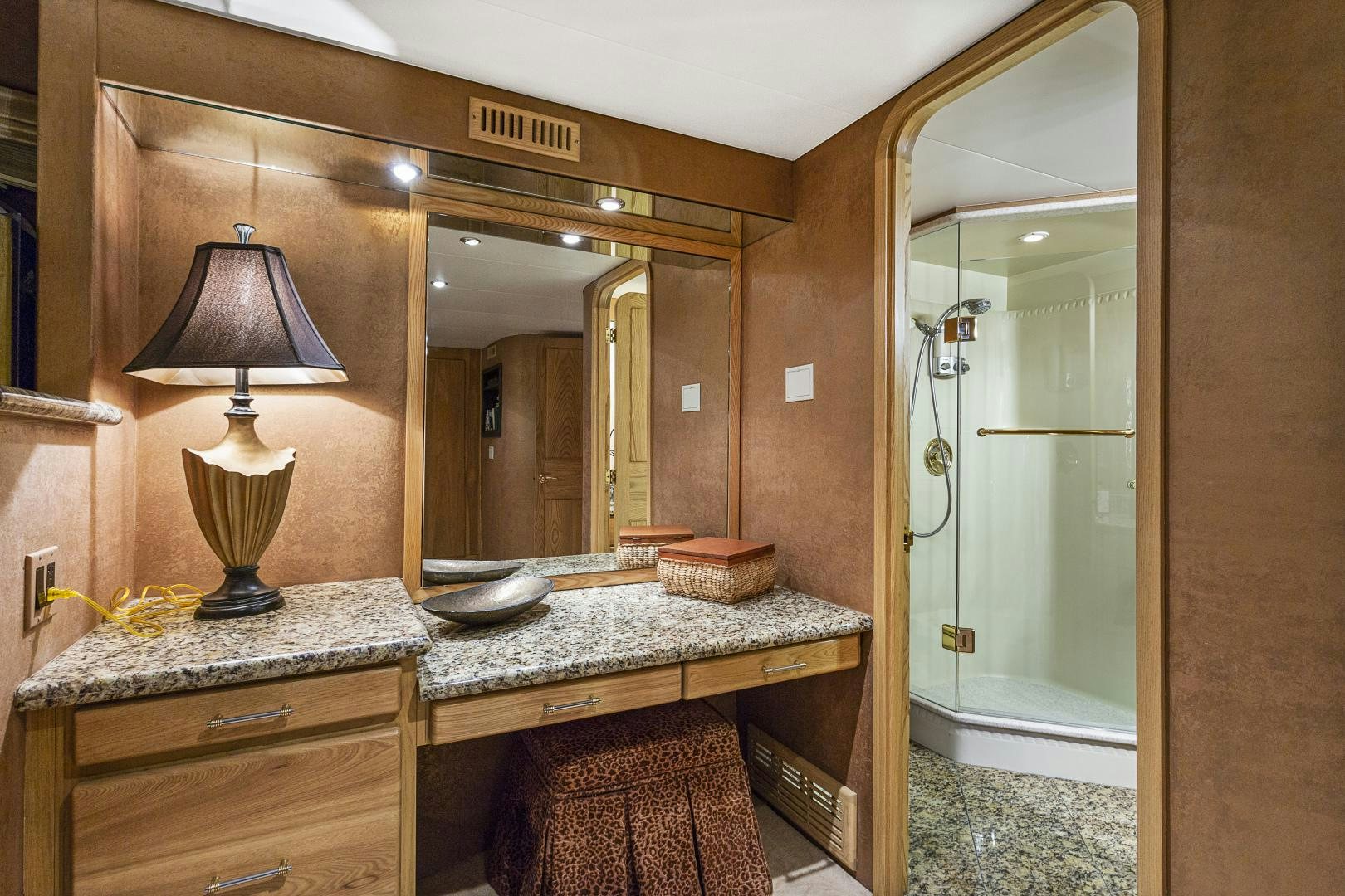 a bathroom with a large mirror aboard ISABELLA Yacht for Sale