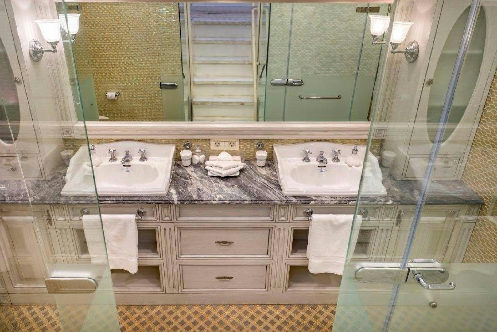 a bathroom with two sinks aboard M&M Yacht for Sale