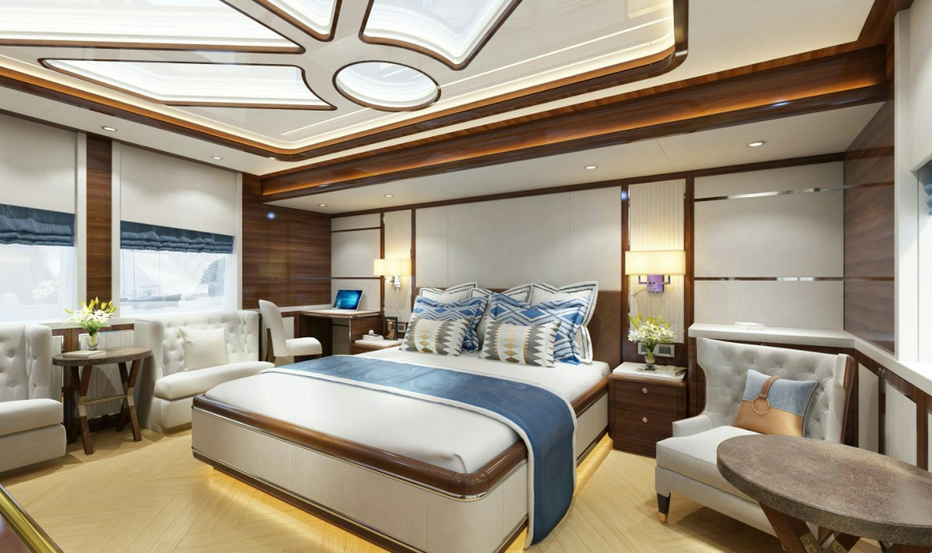 a room with a bed and a desk aboard ASTERIA 112/04 Yacht for Sale
