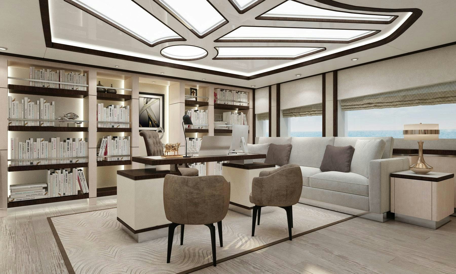 a room with a couch and a table and a bookcase aboard ASTERIA 112/04 Yacht for Sale