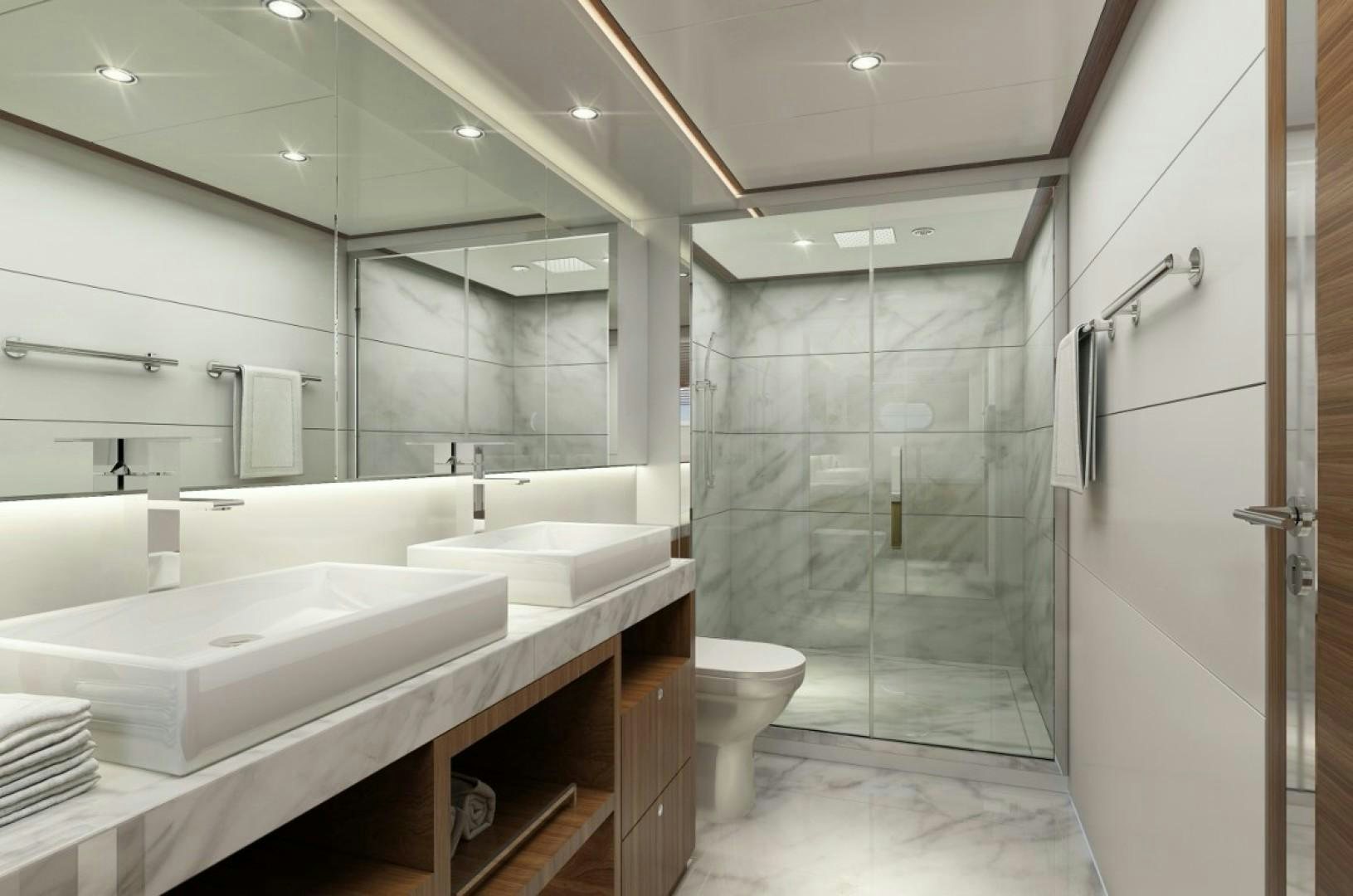 a bathroom with a large mirror aboard ASTERIA 112/04 Yacht for Sale