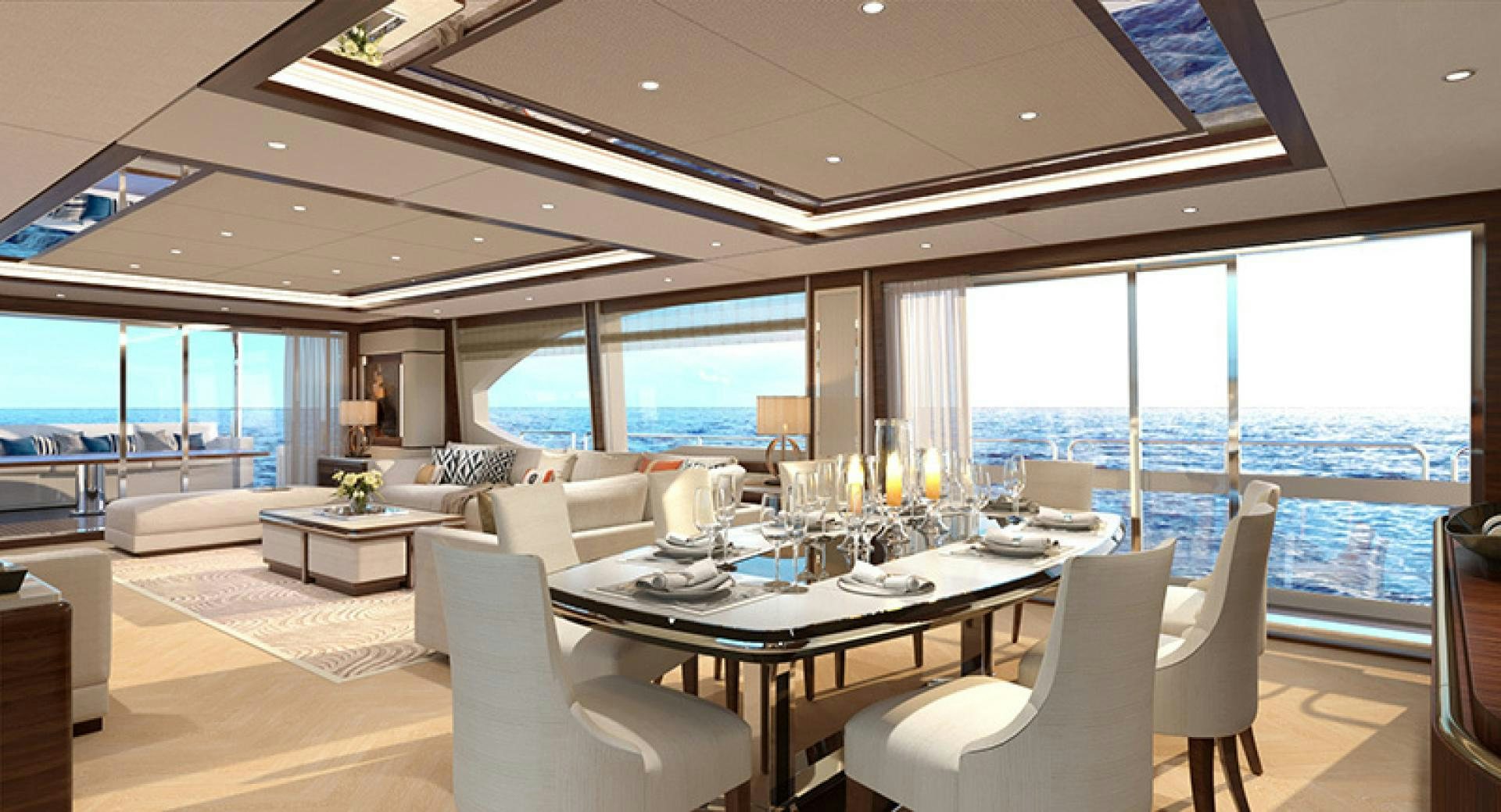 a large room with a table and chairs and a large window aboard ASTERIA 112/04 Yacht for Sale