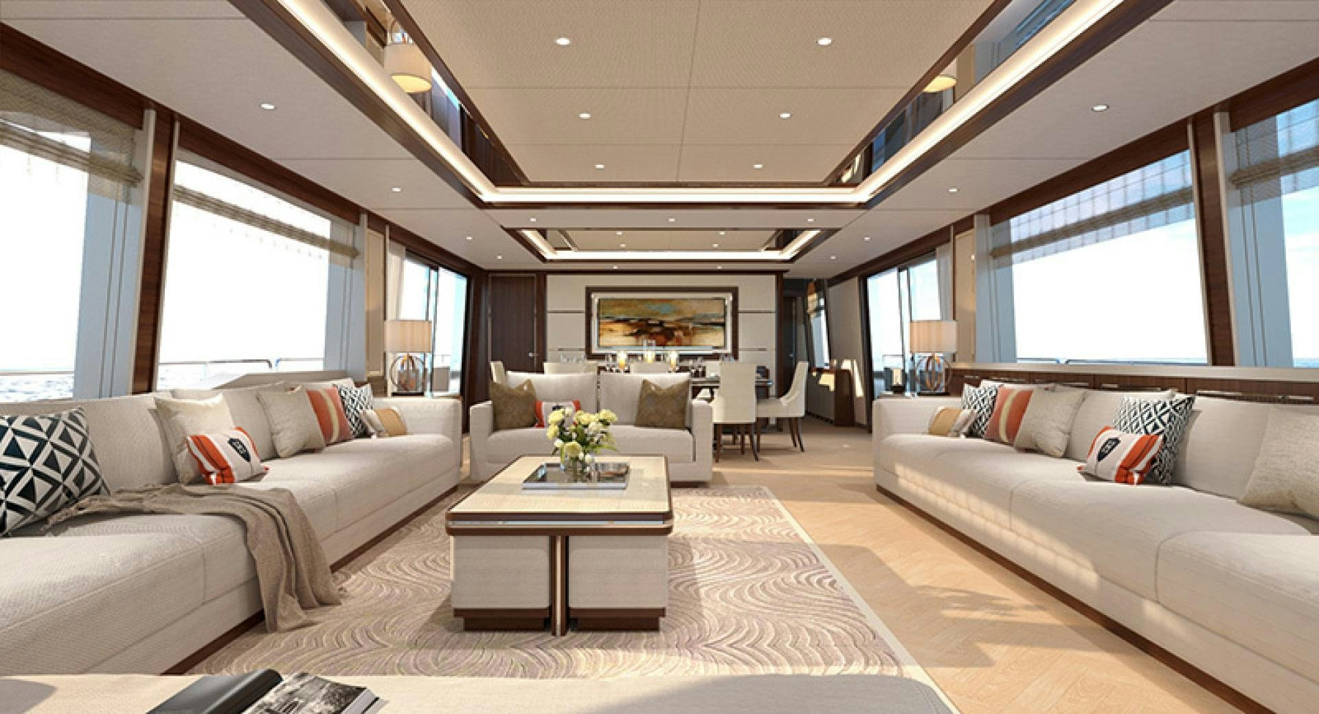 a living room with white couches and a large window aboard ASTERIA 112/04 Yacht for Sale