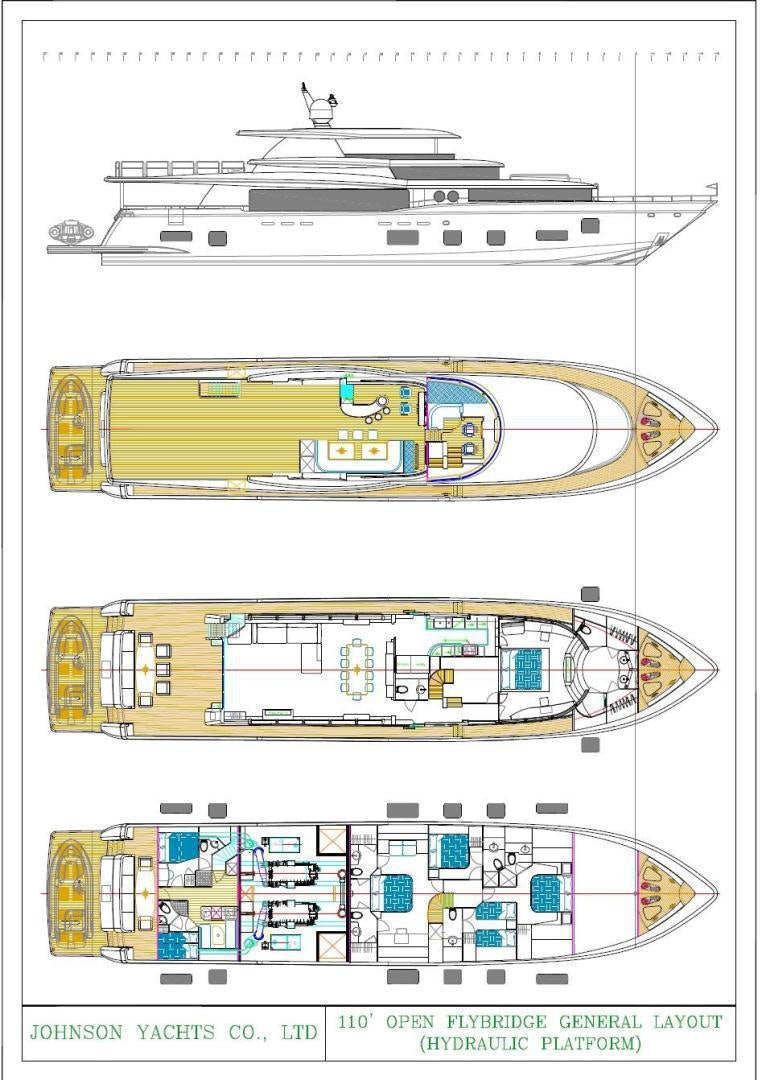 diagram, engineering drawing aboard JOHNSON 110 FLYBRIDGE Yacht for Sale