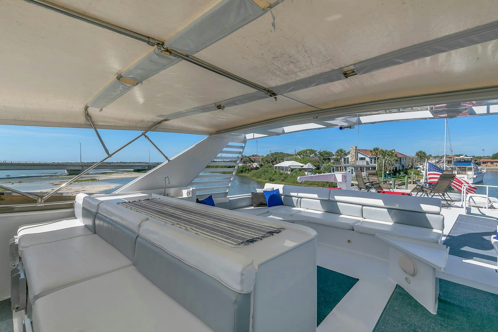 a view of a city from a balcony aboard LA VIDA Yacht for Sale