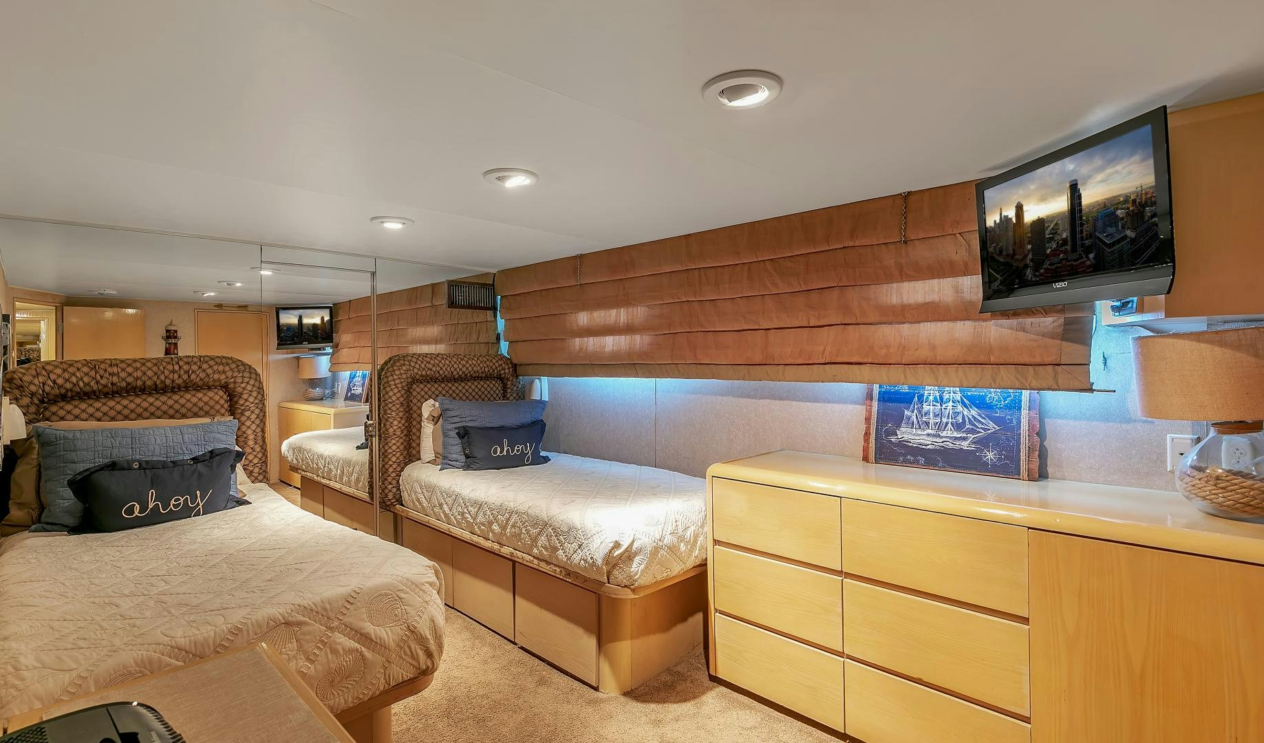 a room with two beds aboard LA VIDA Yacht for Sale