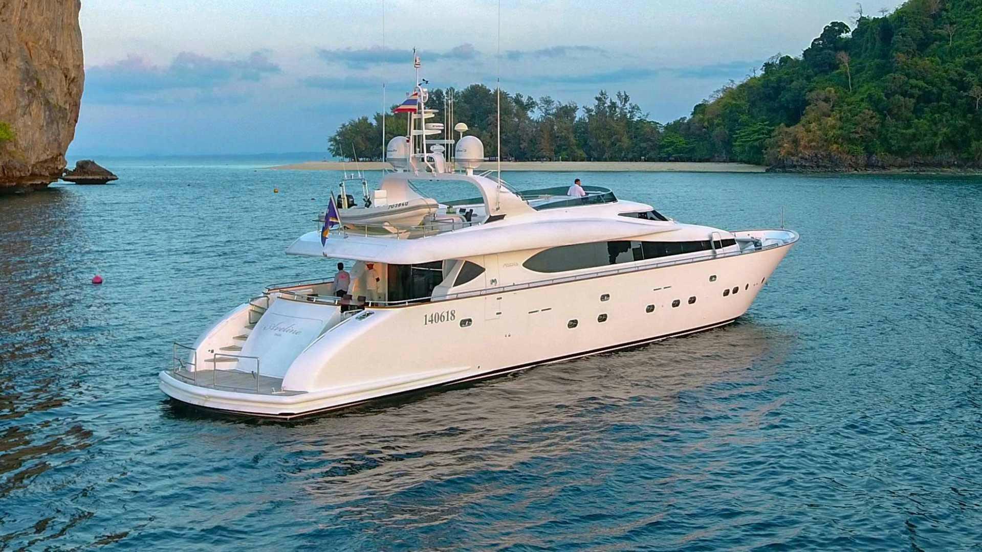 a white yacht on the water aboard AVELINE Yacht for Sale
