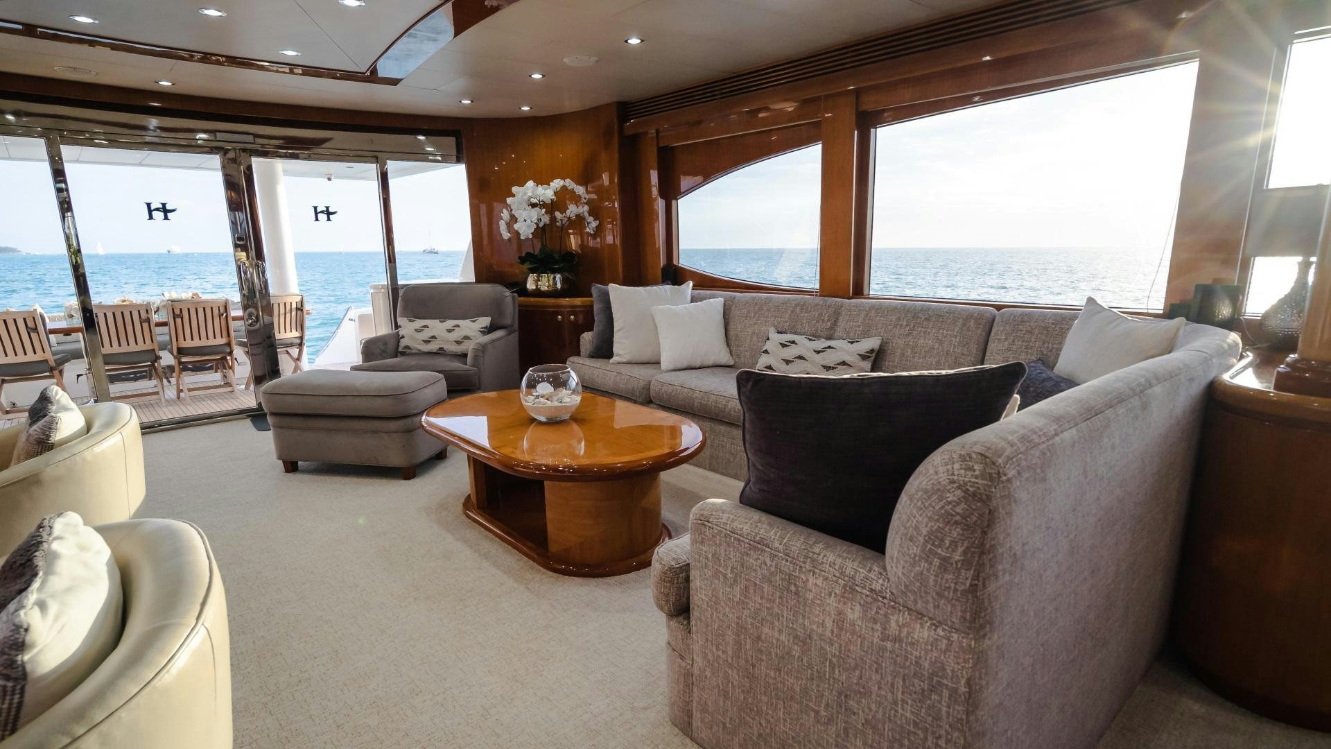 a living room with a large window aboard VITESSE Yacht for Sale