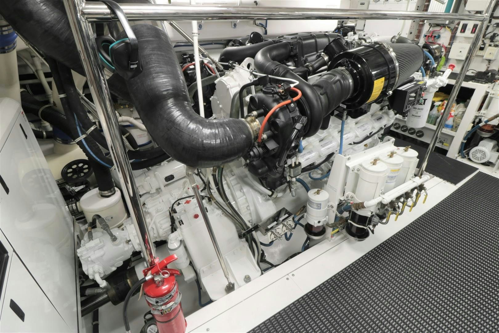 a car engine in a garage aboard LADY CARMEN Yacht for Sale