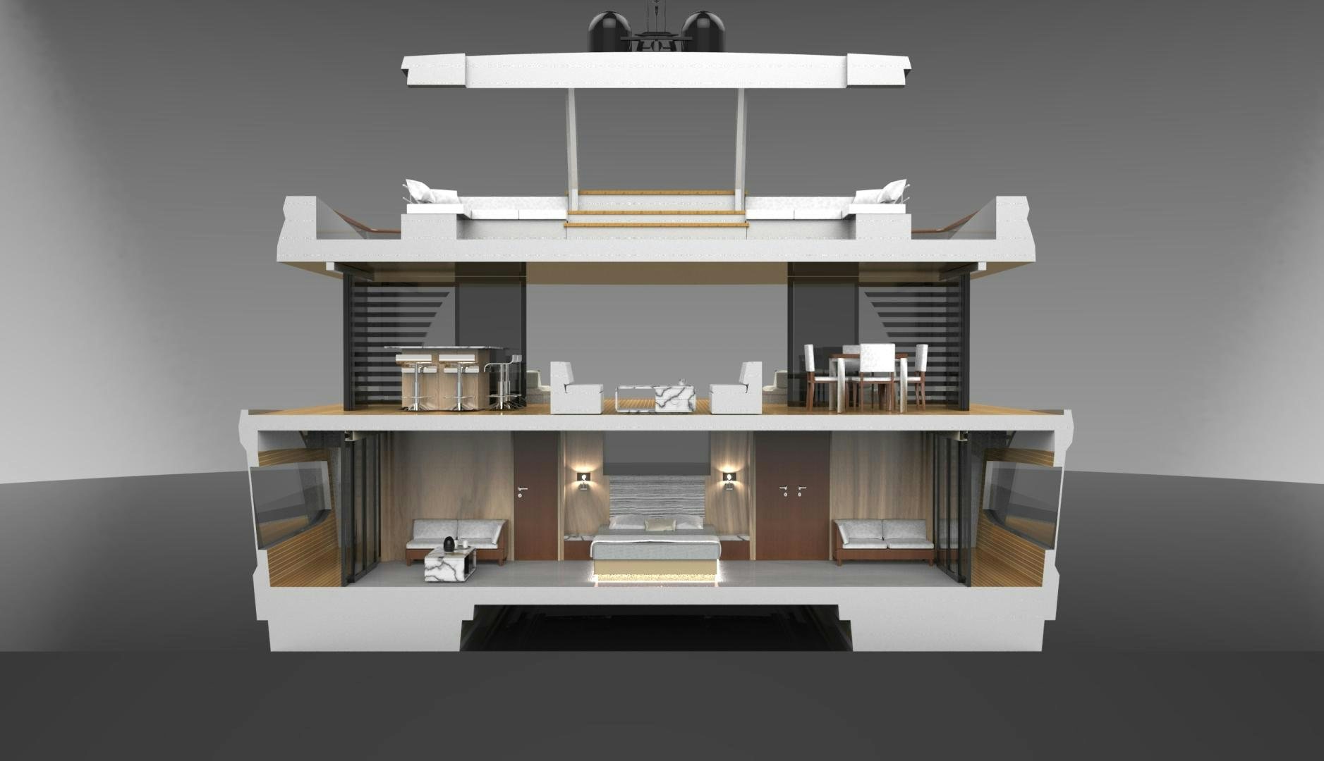 a wooden desk with a glass display aboard CORONA 85 Yacht for Sale