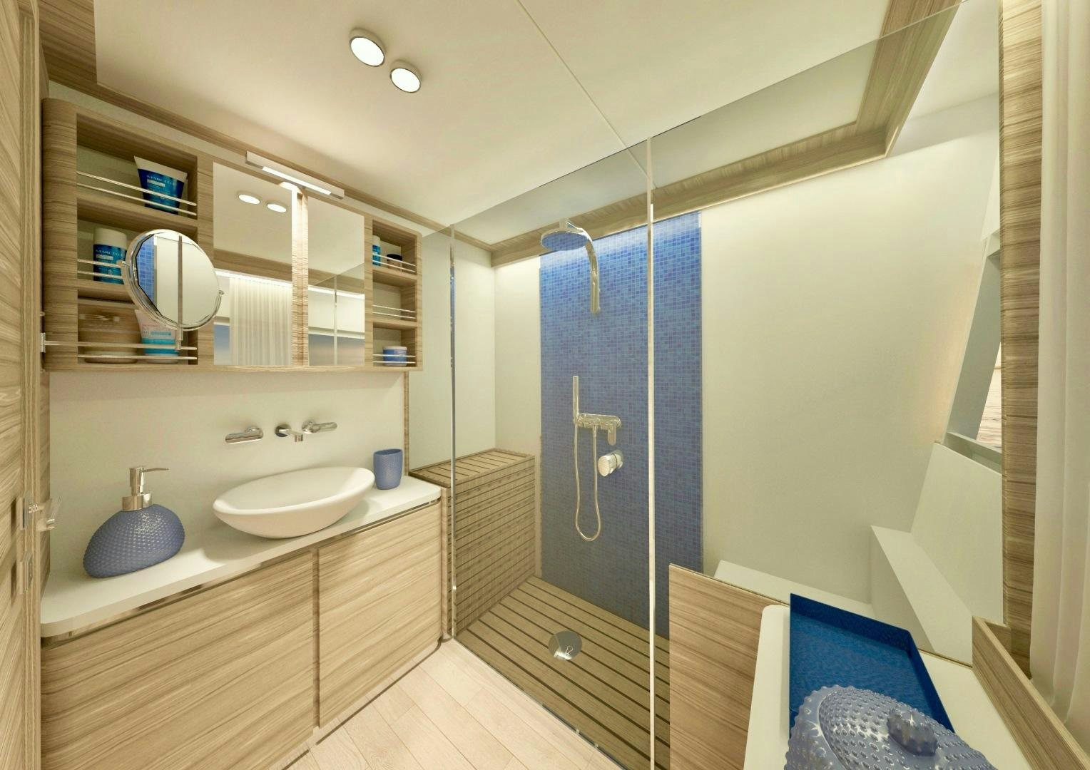 a bathroom with a shower unit and sink aboard SILENT 80 Yacht for Sale