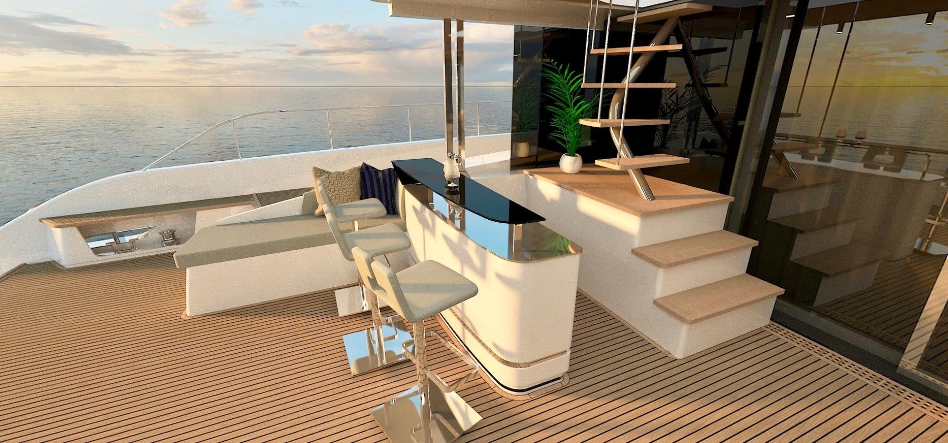 a room with a view of the ocean and a balcony aboard SILENT 80 Yacht for Sale