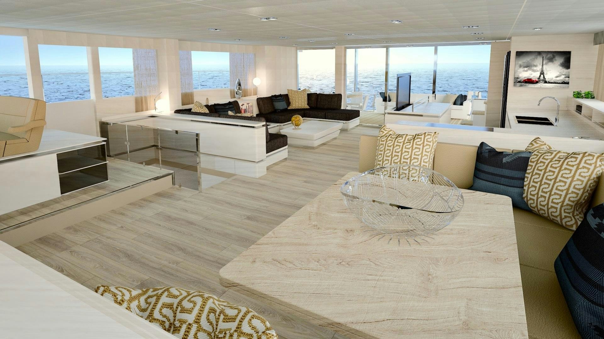 a large living room with a large window aboard SILENT 80 Yacht for Sale