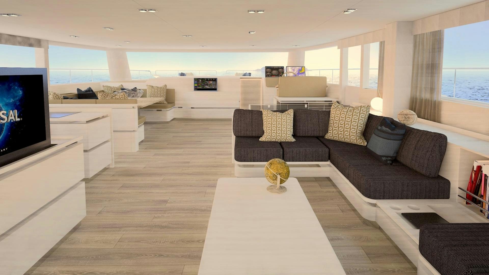 a living room with a large screen aboard SILENT 80 Yacht for Sale