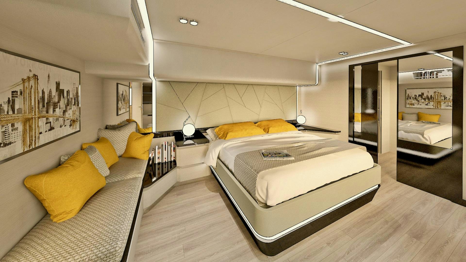 a room with a bed and a mirror aboard SILENT 80 Yacht for Sale