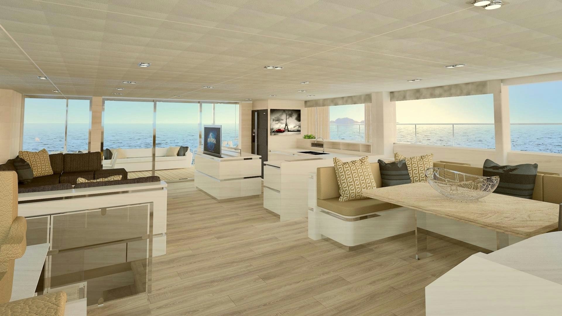 a large living room with a large window aboard SILENT 80 Yacht for Sale