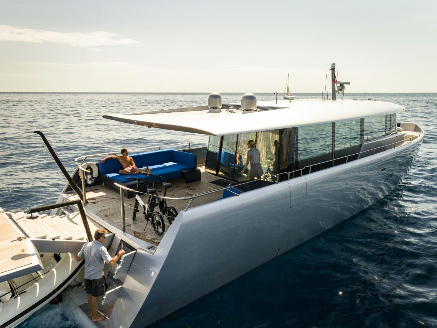 a boat with people on it aboard BILL & ME Yacht for Sale